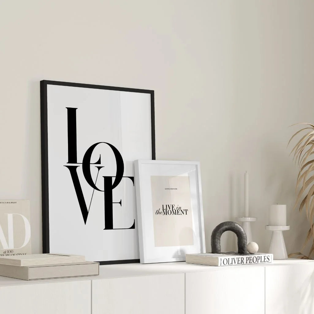 LOVE poster styled in a calm modern bedroom interior