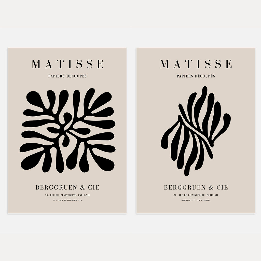 Matisse beige organic abstract set of 2 posters with black shapes on neutral background