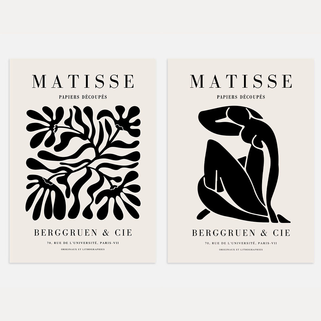 Matisse black abstract forms set of 2 posters with bold cut out style shapes on light background