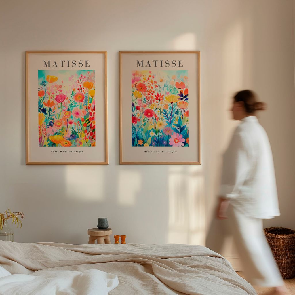 Close up of watercolor floral poster set showing rich colors and soft paint texture