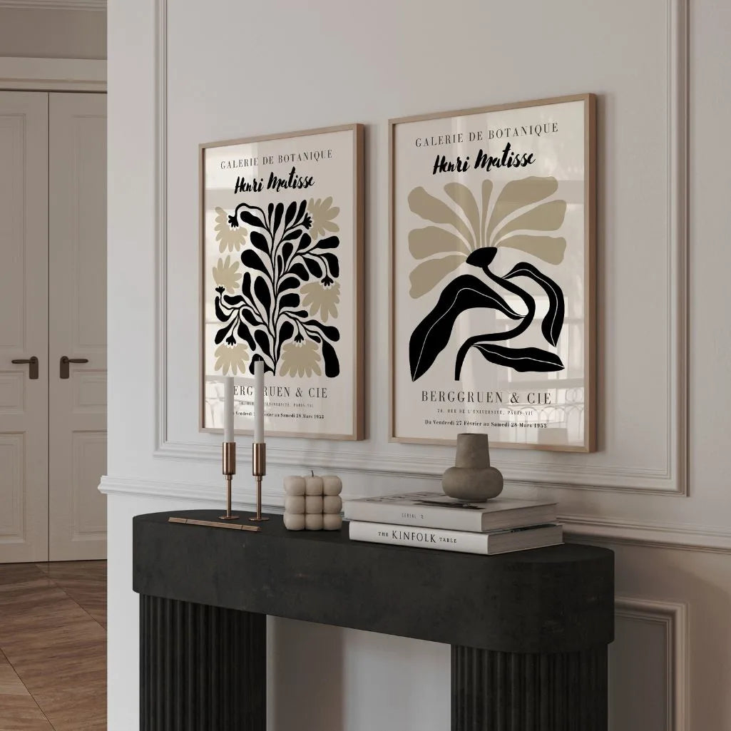 Close up of abstract flower poster set showing black and beige shapes
