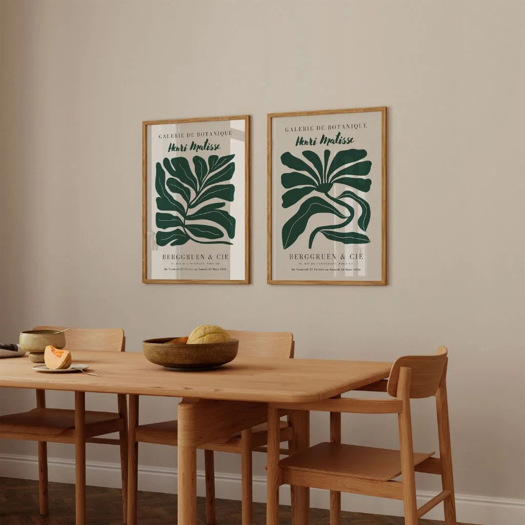 Close up of botanical green poster set showing deep green organic shapes and contrast