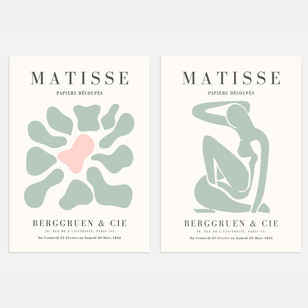 Matisse mint abstract forms set of 2 posters with soft organic shapes and blush accents