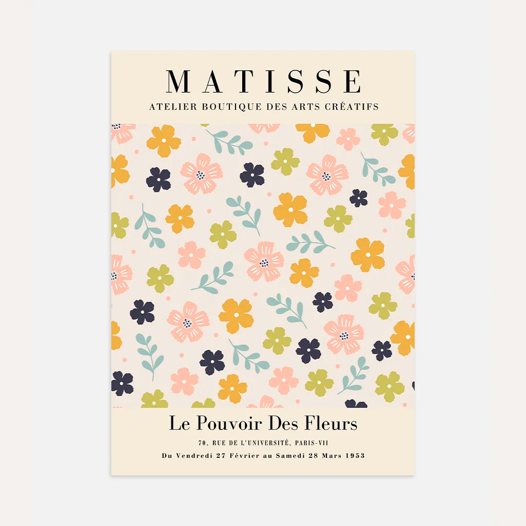 Matisse pastel meadows poster with soft floral composition in pink yellow mint and navy