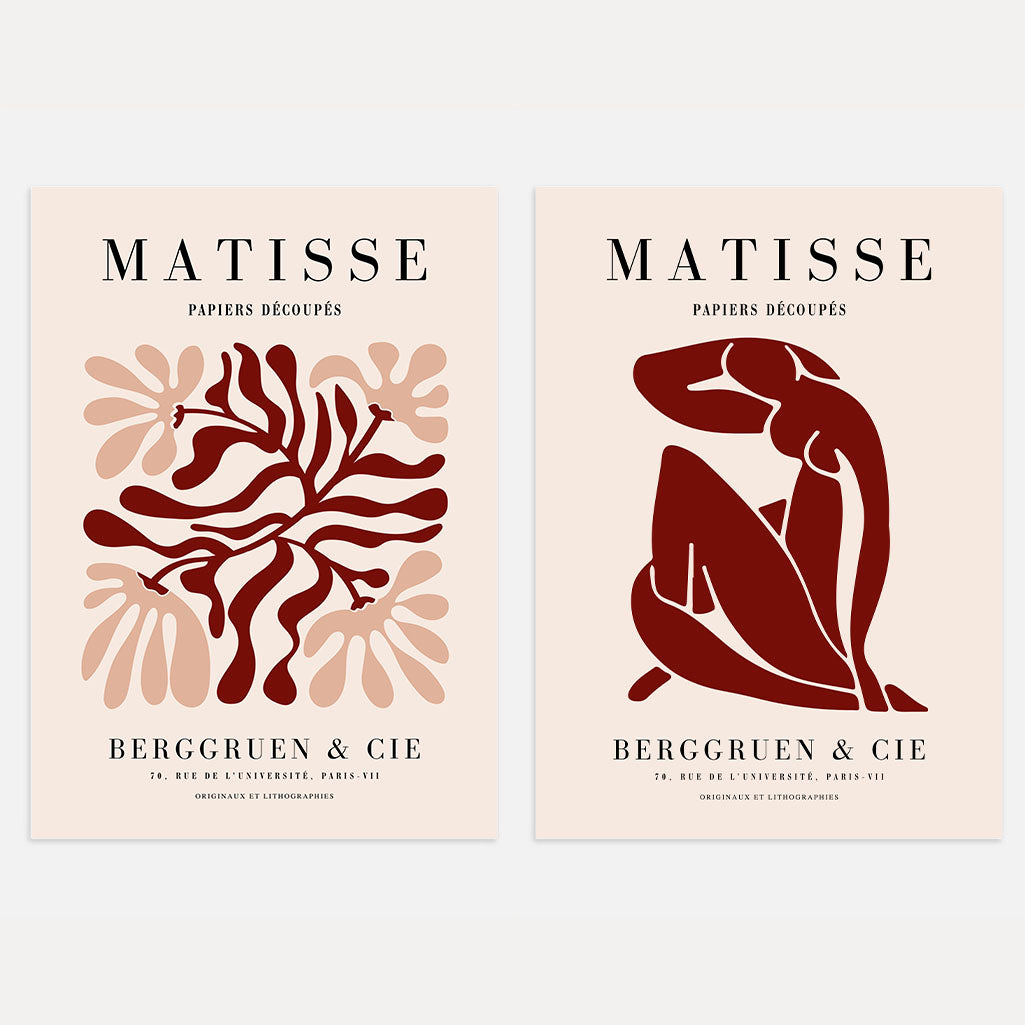 Matisse red abstract poster set of 2 with bold organic shapes and beige background