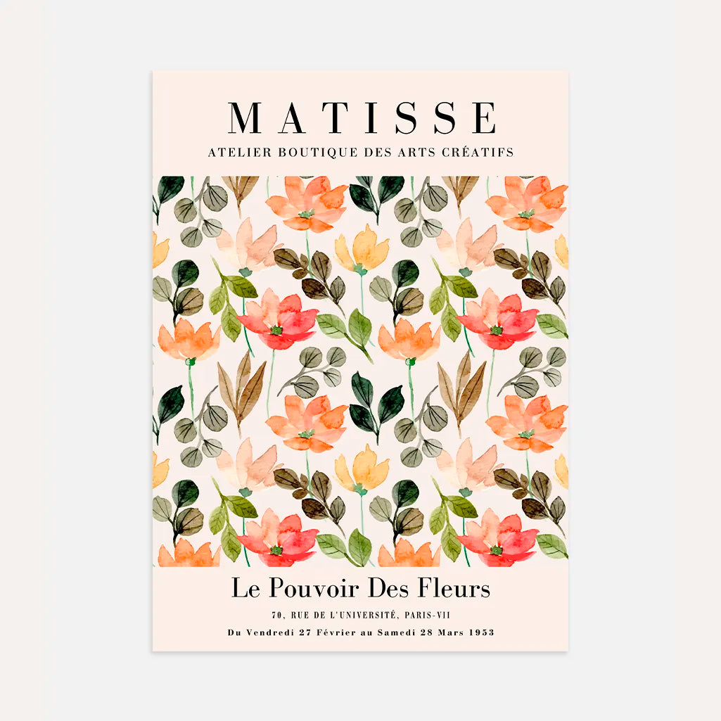 Matisse watercolour flowers poster with orange yellow and green floral composition wall art