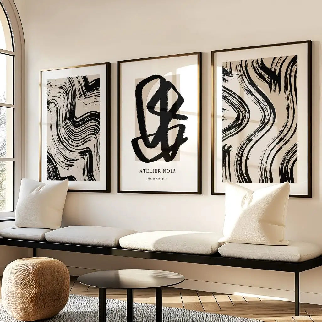 Minimalist abstract poster set with black and white tones for gallery wall decor