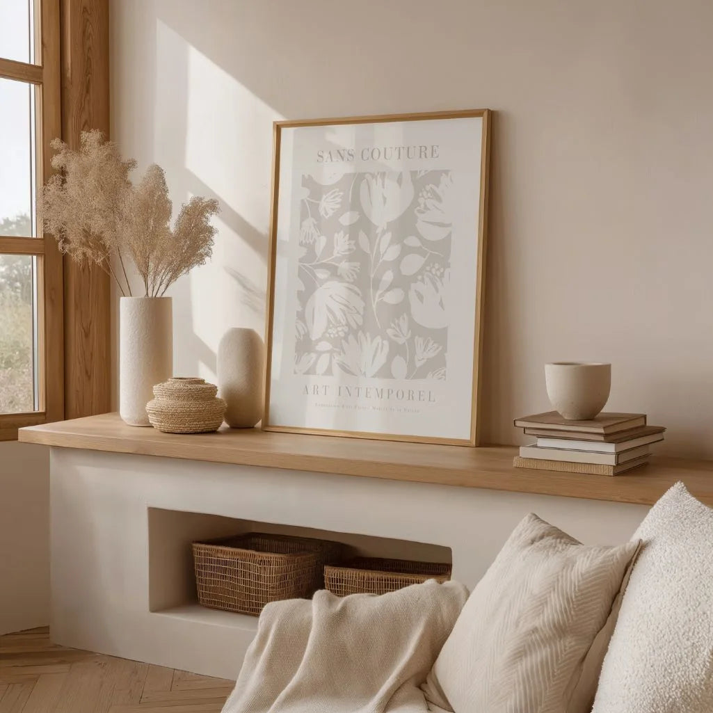 Minimalist beige floral poster styled in calm bedroom with neutral decor
