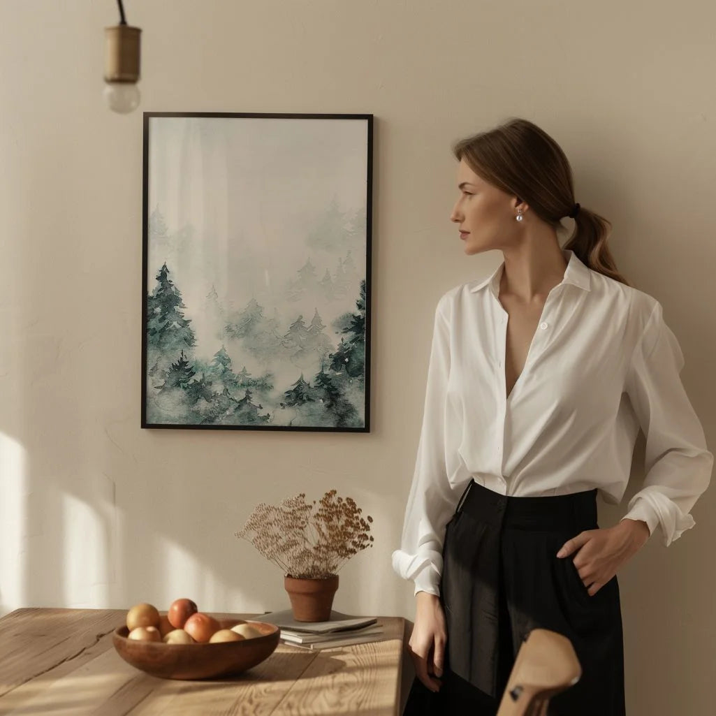 misty forest poster bedroom neutral wall decor