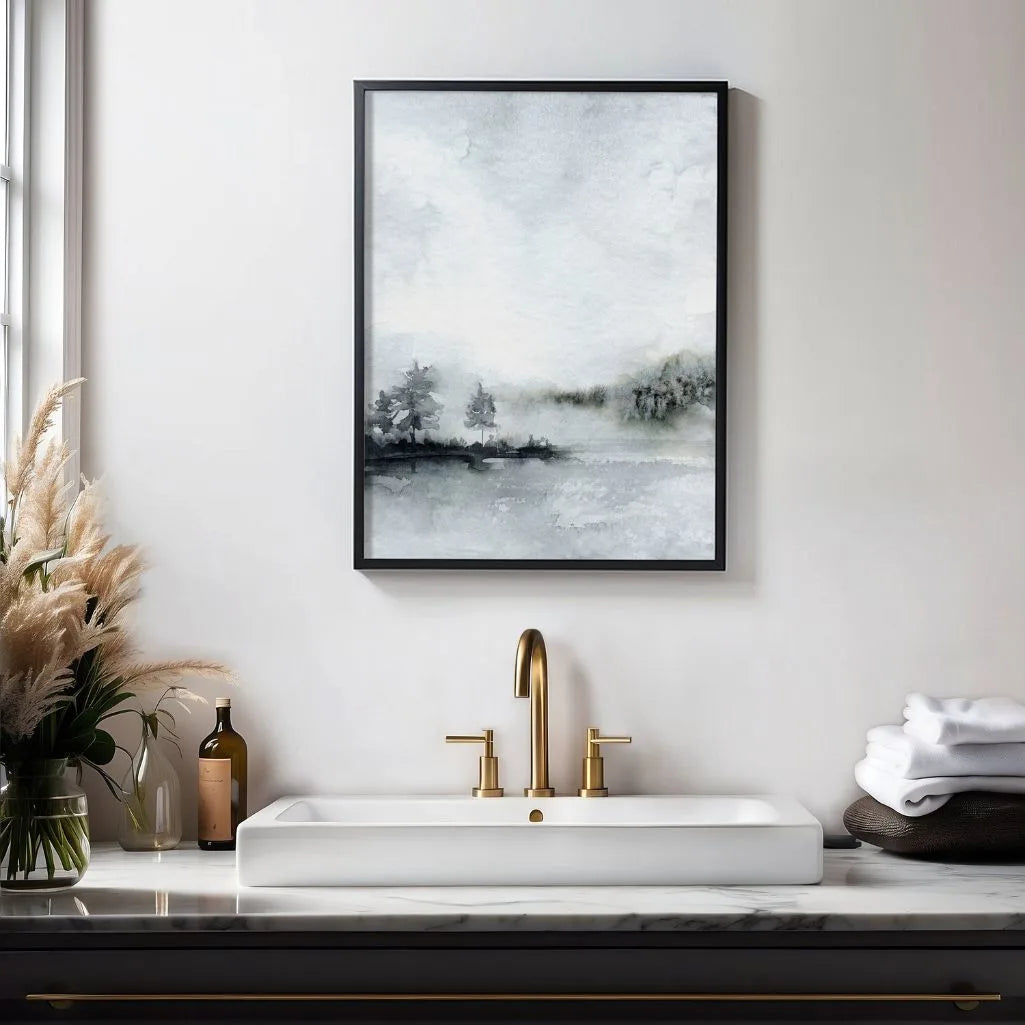 misty lake poster bedroom neutral wall decor