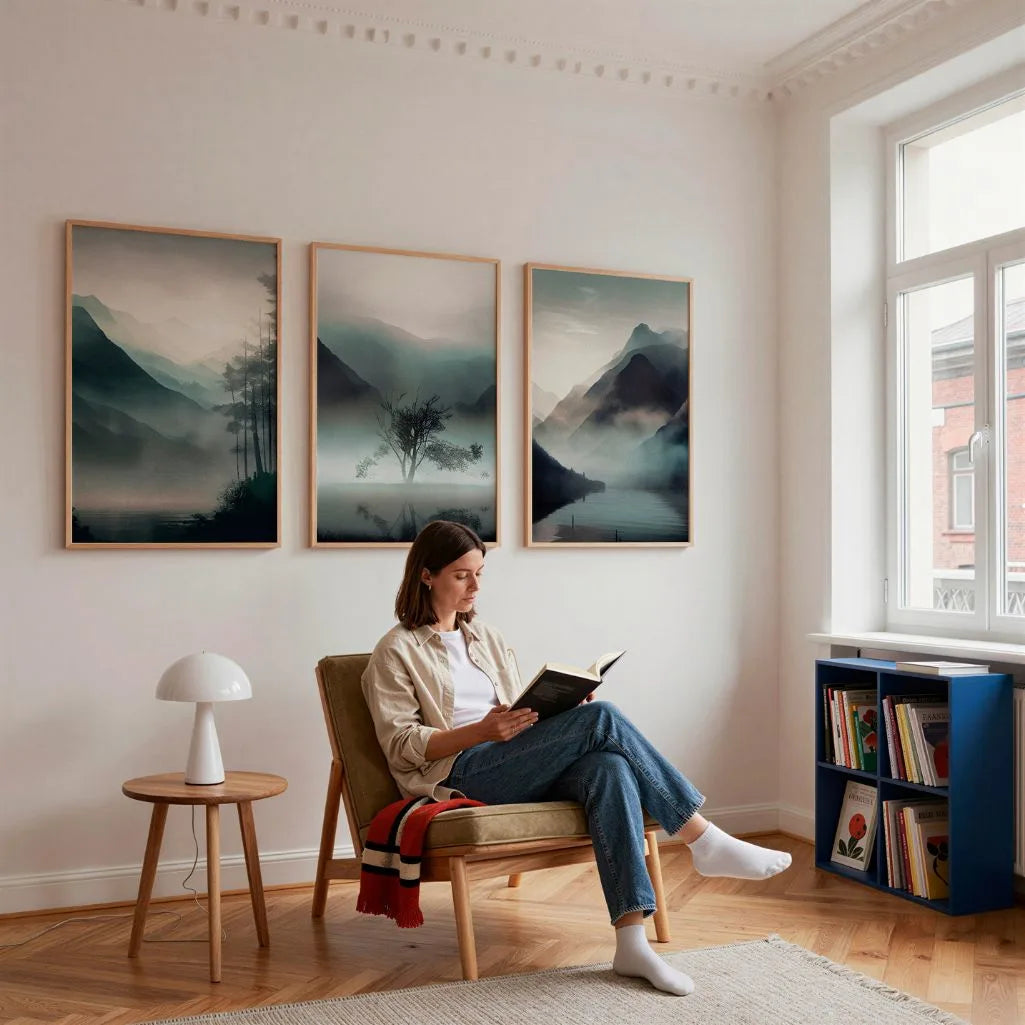 misty mountain poster set foggy landscape wall decor in modern living room