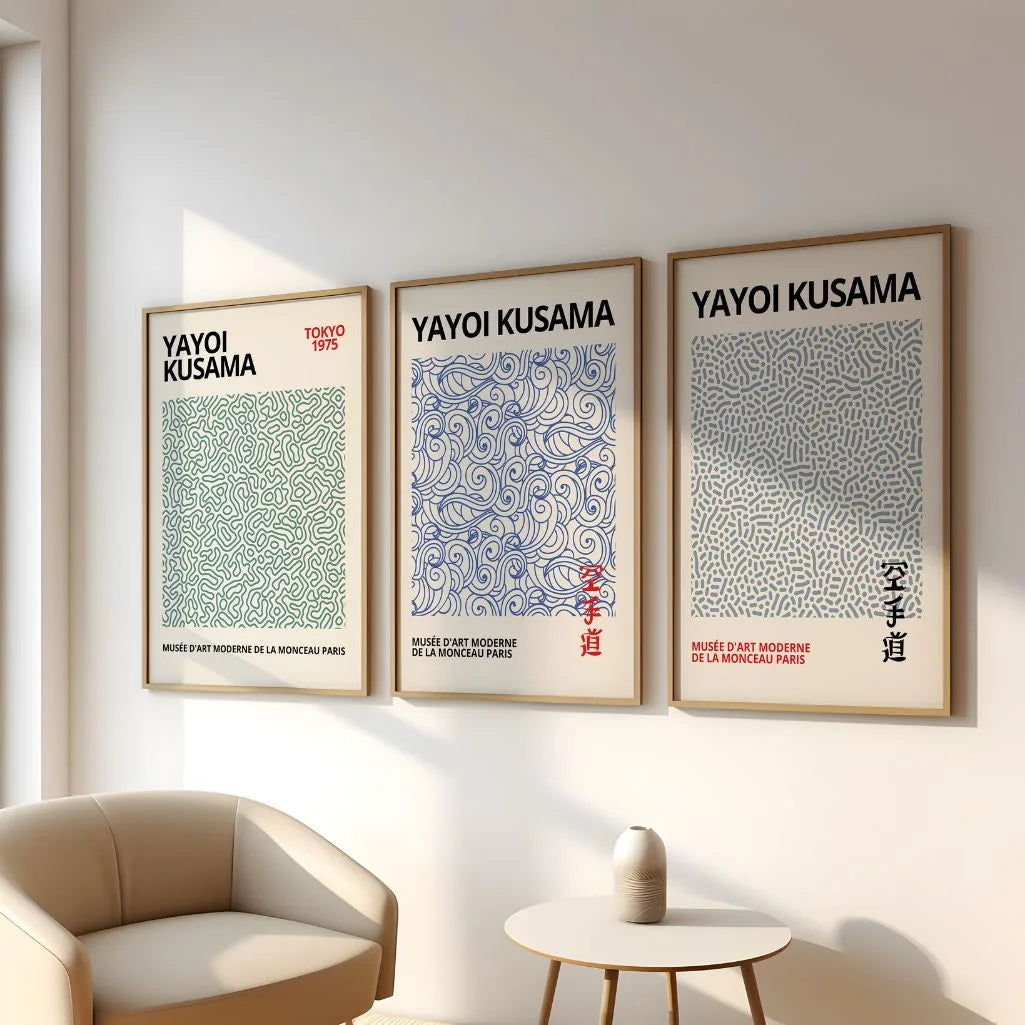Gallery wall with abstract line poster set of 3, modern green blue graphic design