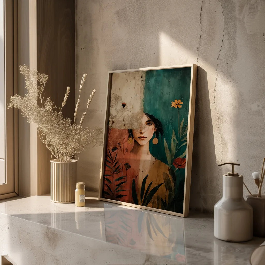 abstract female portrait wall art with botanical elements in warm earthy colors for boho interiors