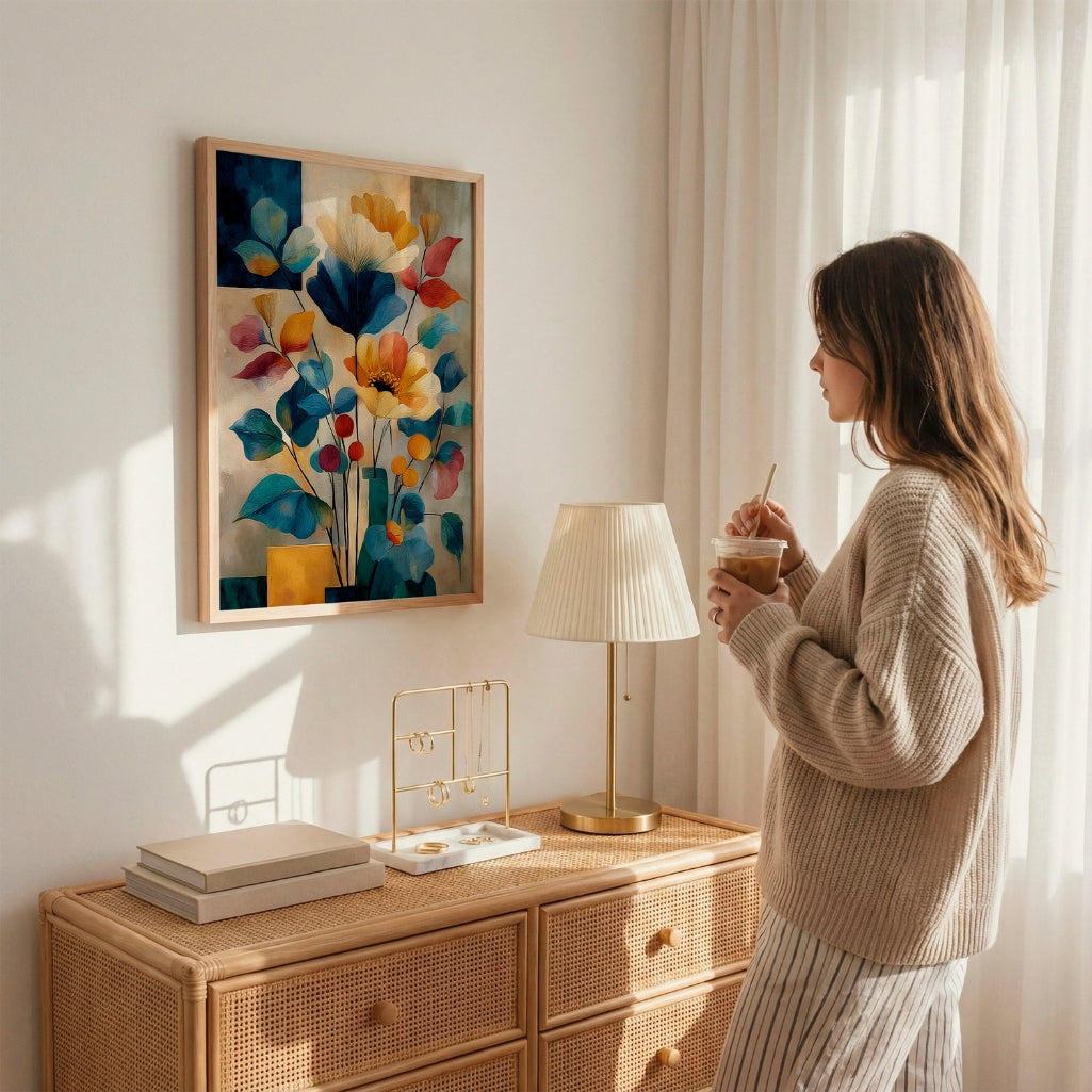 modern floral wall art with abstract botanical shapes and colorful boho design for cozy interiors
