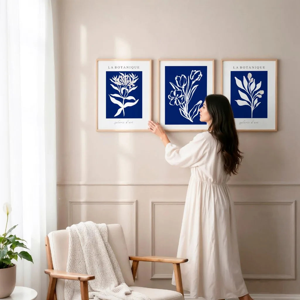 white botanical poster set navy blue gallery wall decor
