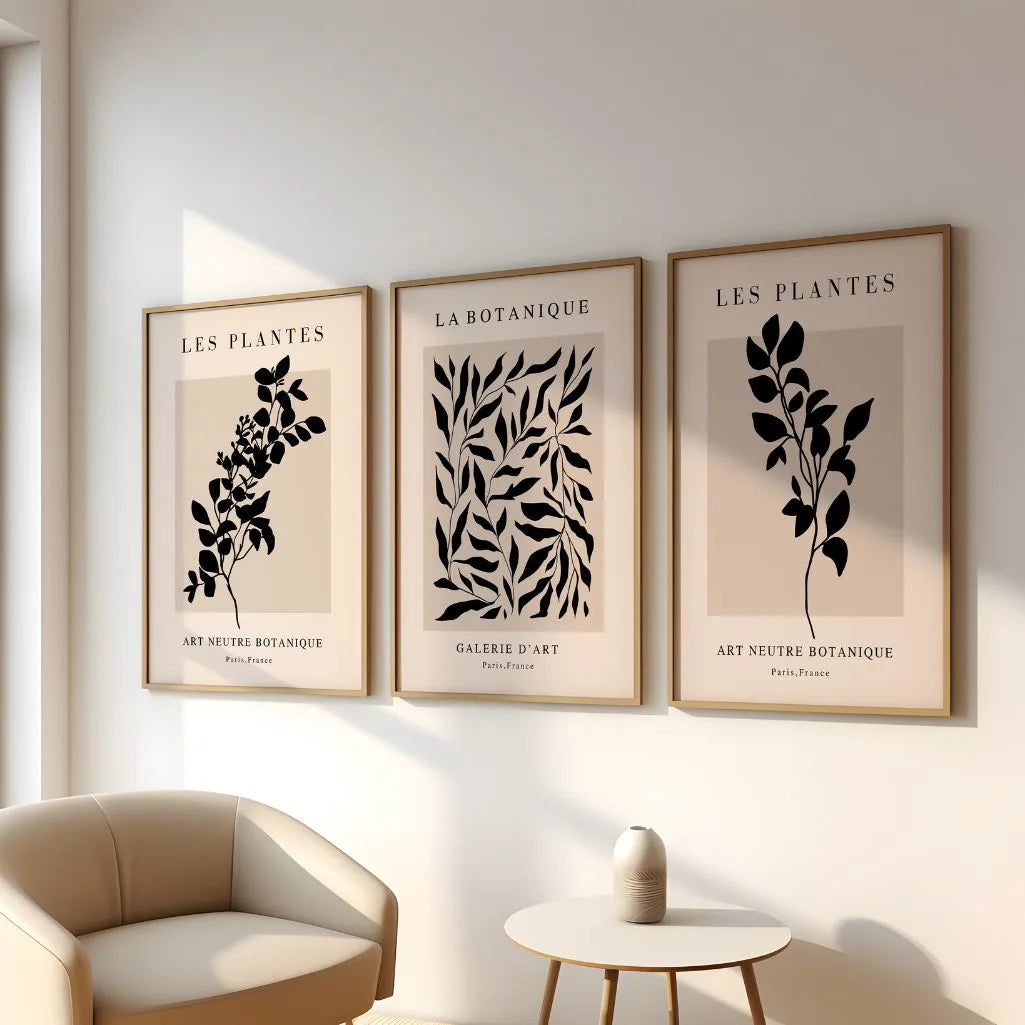black beige modern neutral botanical poster set wall art for home decor