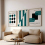 turquoise and green bauhaus poster set in calm modern bedroom interior