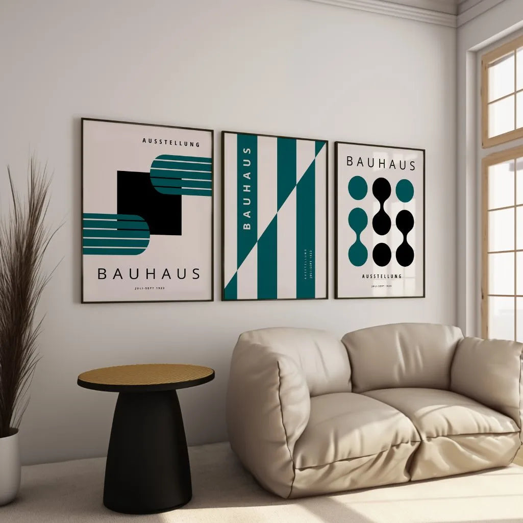 turquoise and deep green bauhaus poster set arranged in modern gallery wall