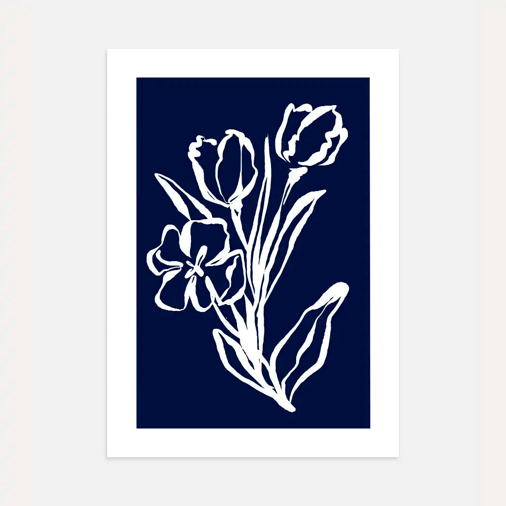 navy floral line art poster white flower minimalist wall art