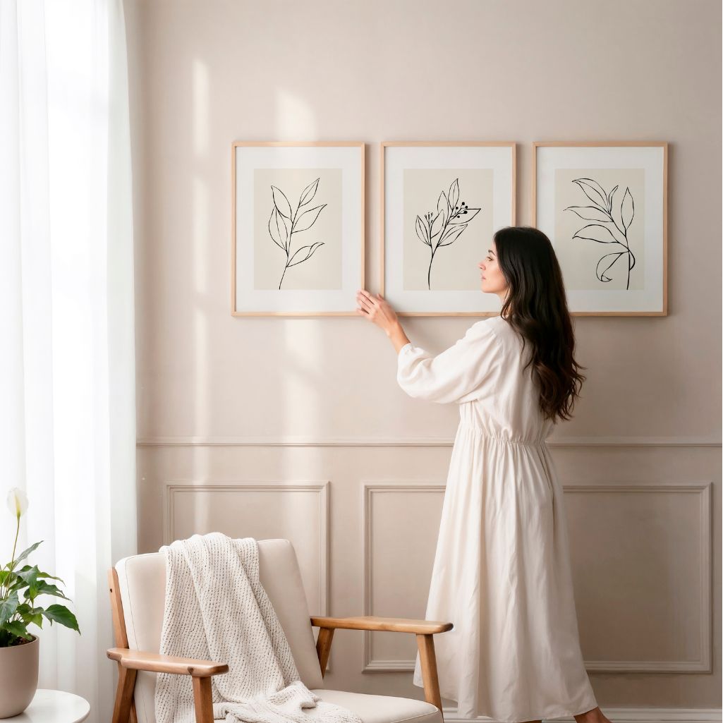 beige minimal leaf poster set wall art for gallery wall decor