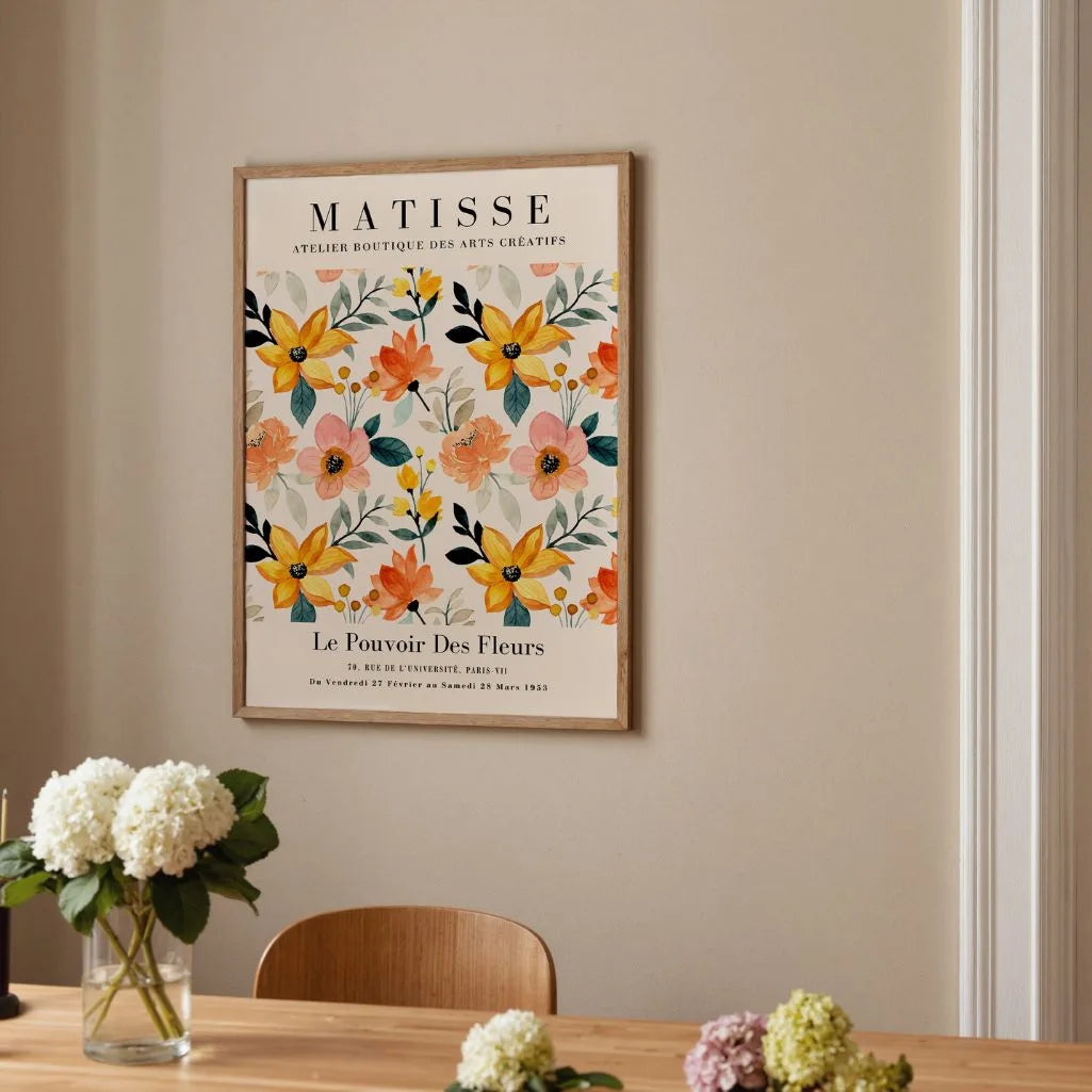 Orange flowers poster styled in modern living room with warm colorful decor