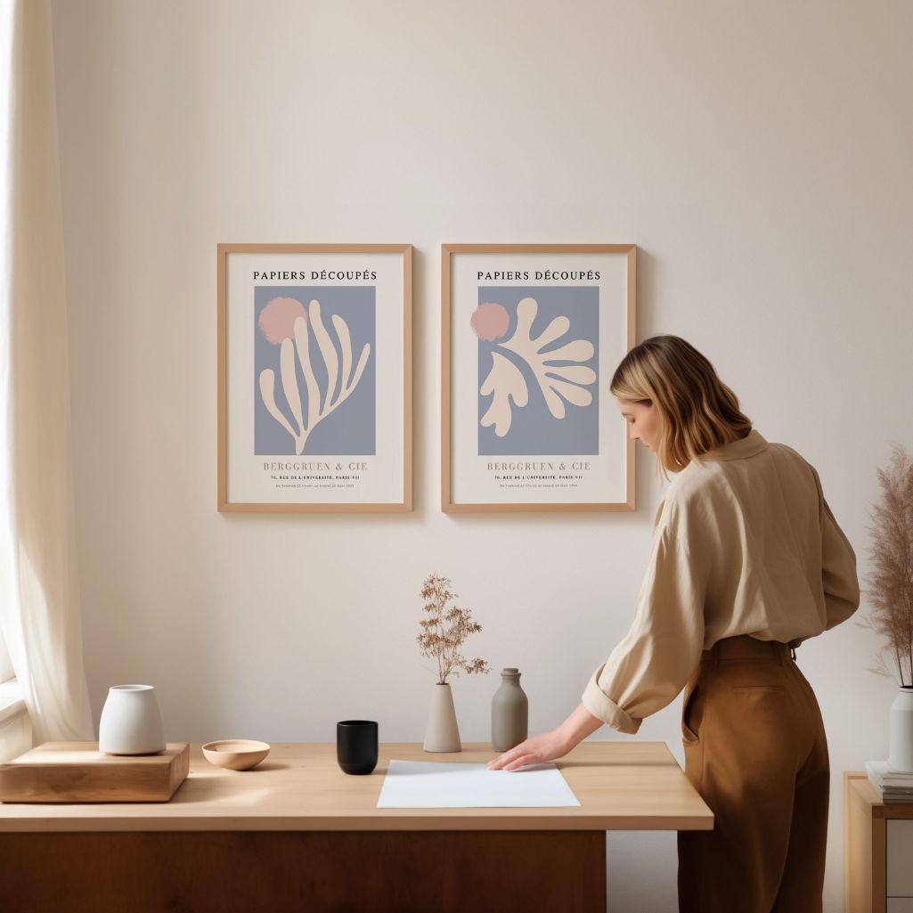 Set of 2 pastel botanical abstract posters arranged in gallery wall with modern decor