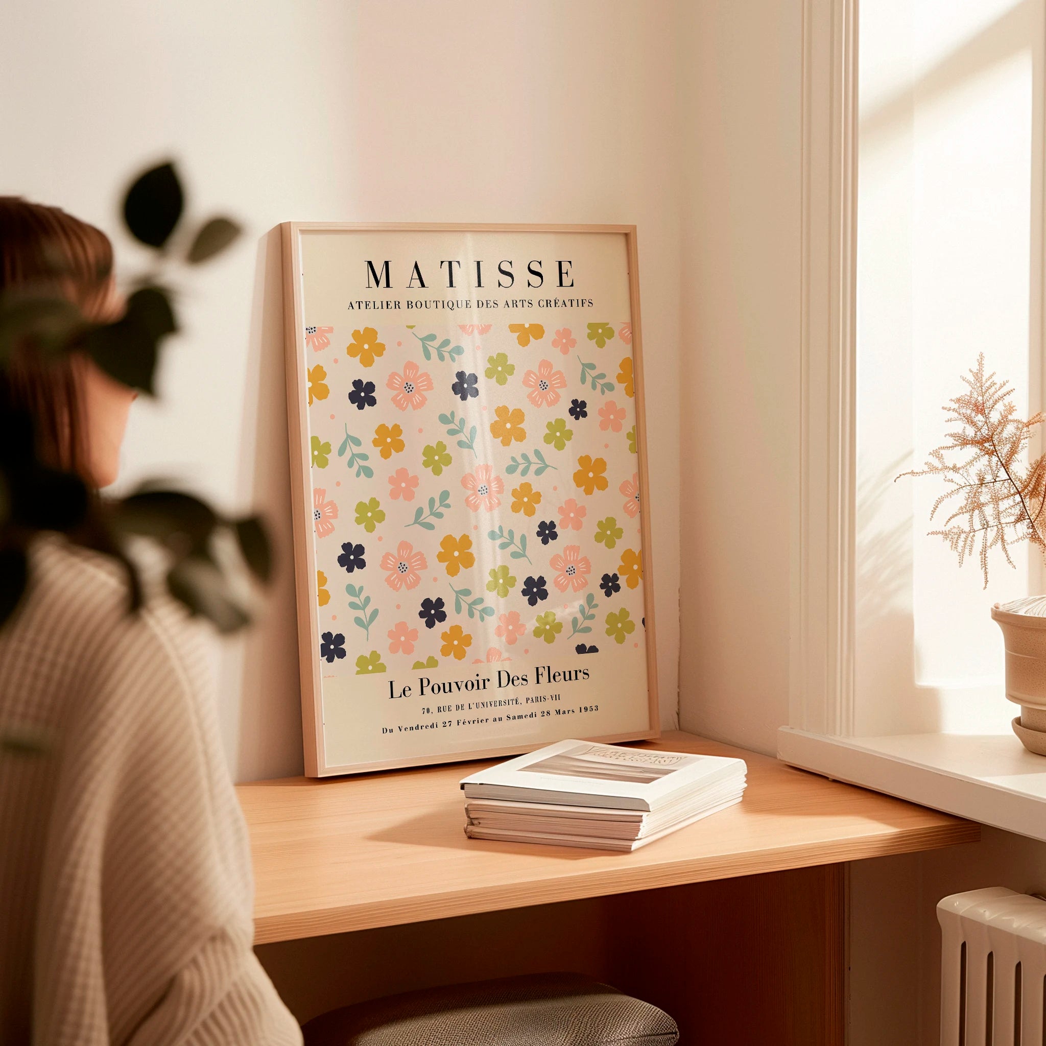Pastel meadow poster styled in bright kids room with soft colorful wall decor