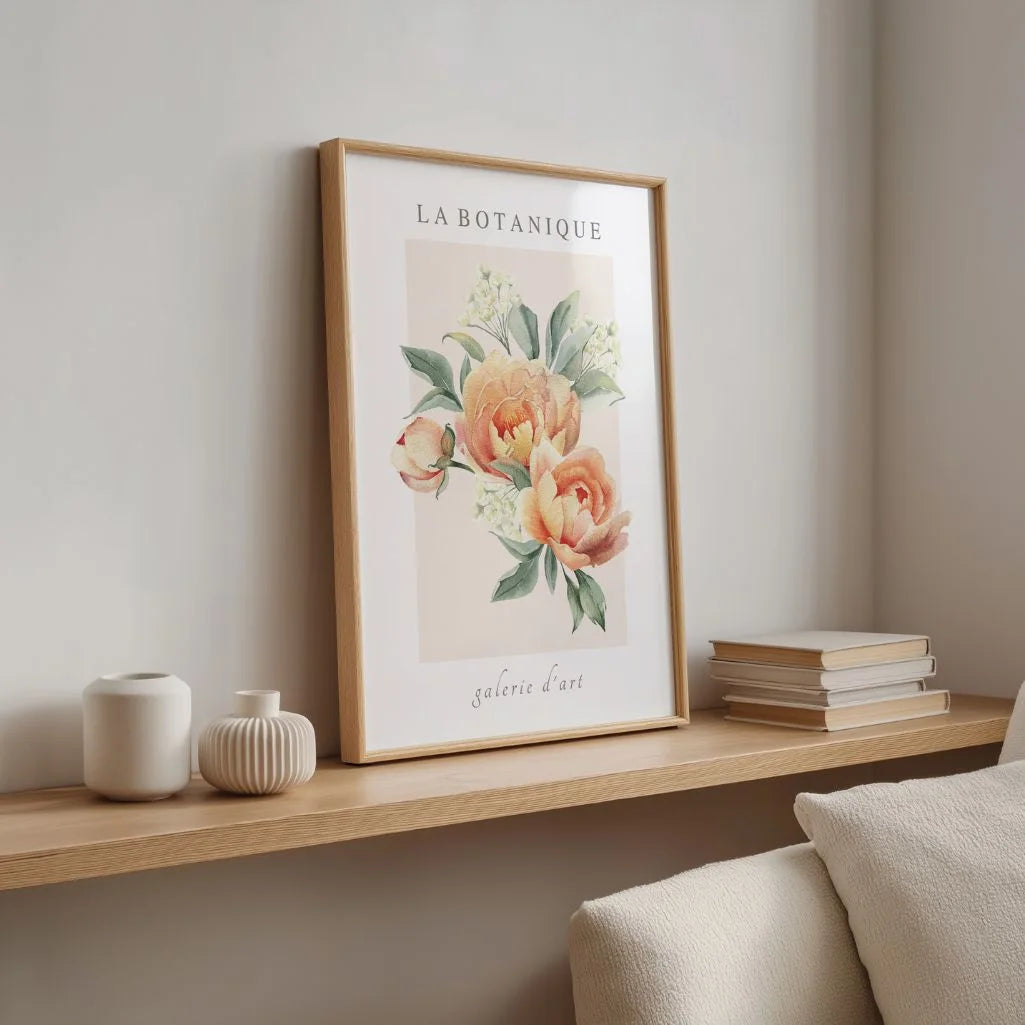 peony poster peach tones living room wall decor
