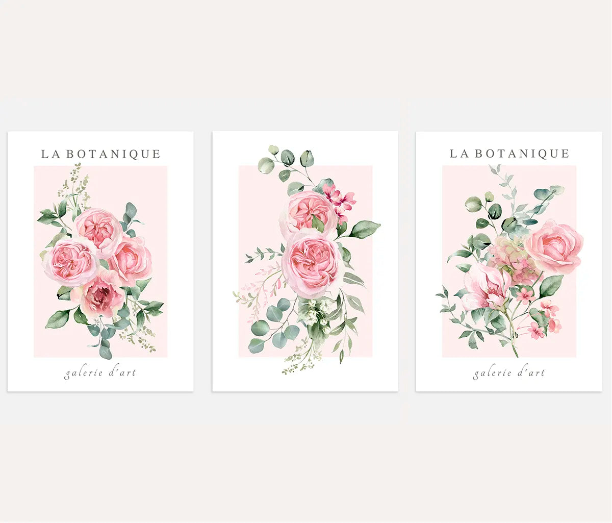 pink floral watercolor poster set green leaves botanical wall art