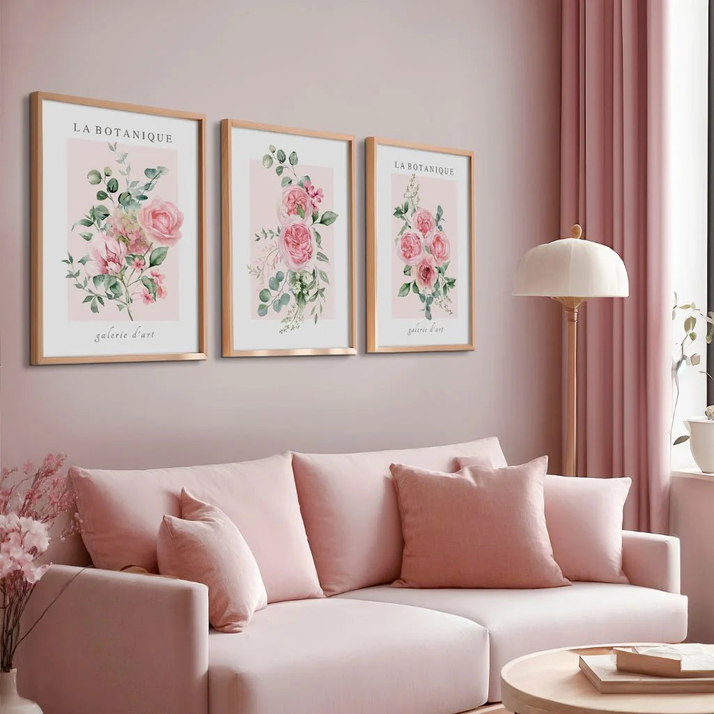 pink floral poster set soft botanical living room wall decor
