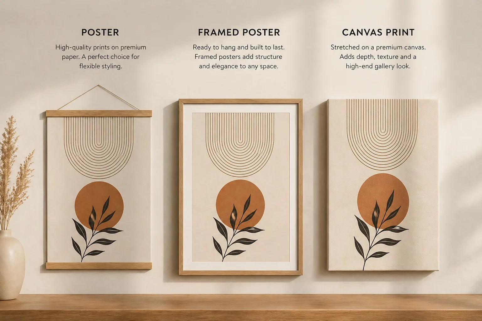 poster framed poster and canvas wall art comparison showing different wall art formats minimalist interior design