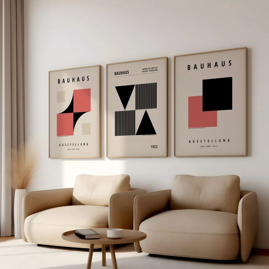 red and black bauhaus poster set arranged in modern gallery wall