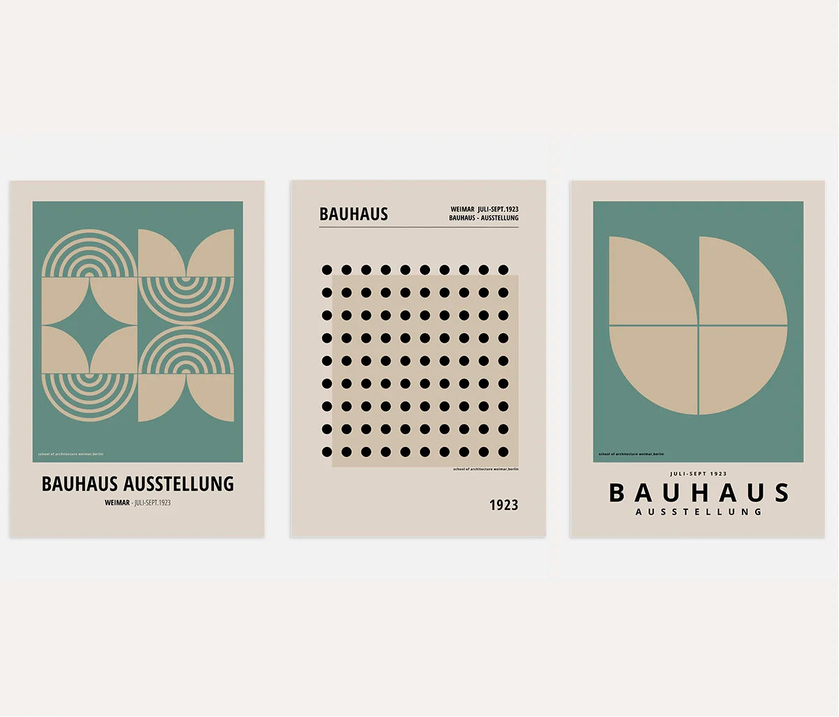 bauhaus poster set of 3 with sage green and beige geometric grids and concentric arcs