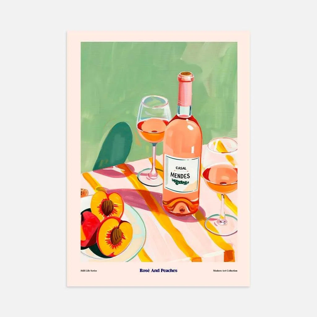 modern still life poster with rosé bottle wine glasses and peaches