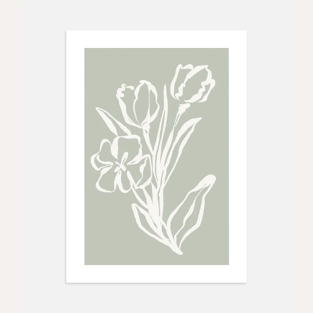 sage floral line art poster green minimalist botanical wall art