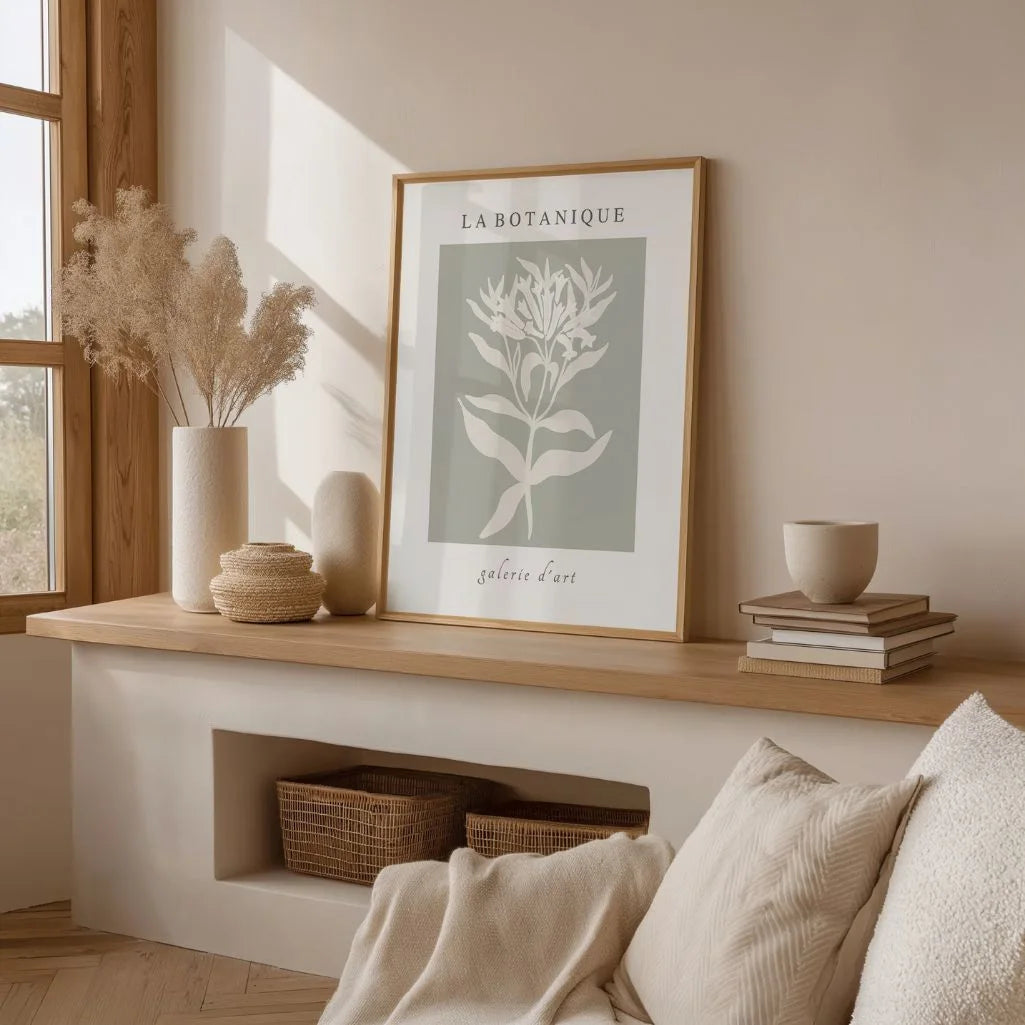 sage botanical poster living room modern neutral decor