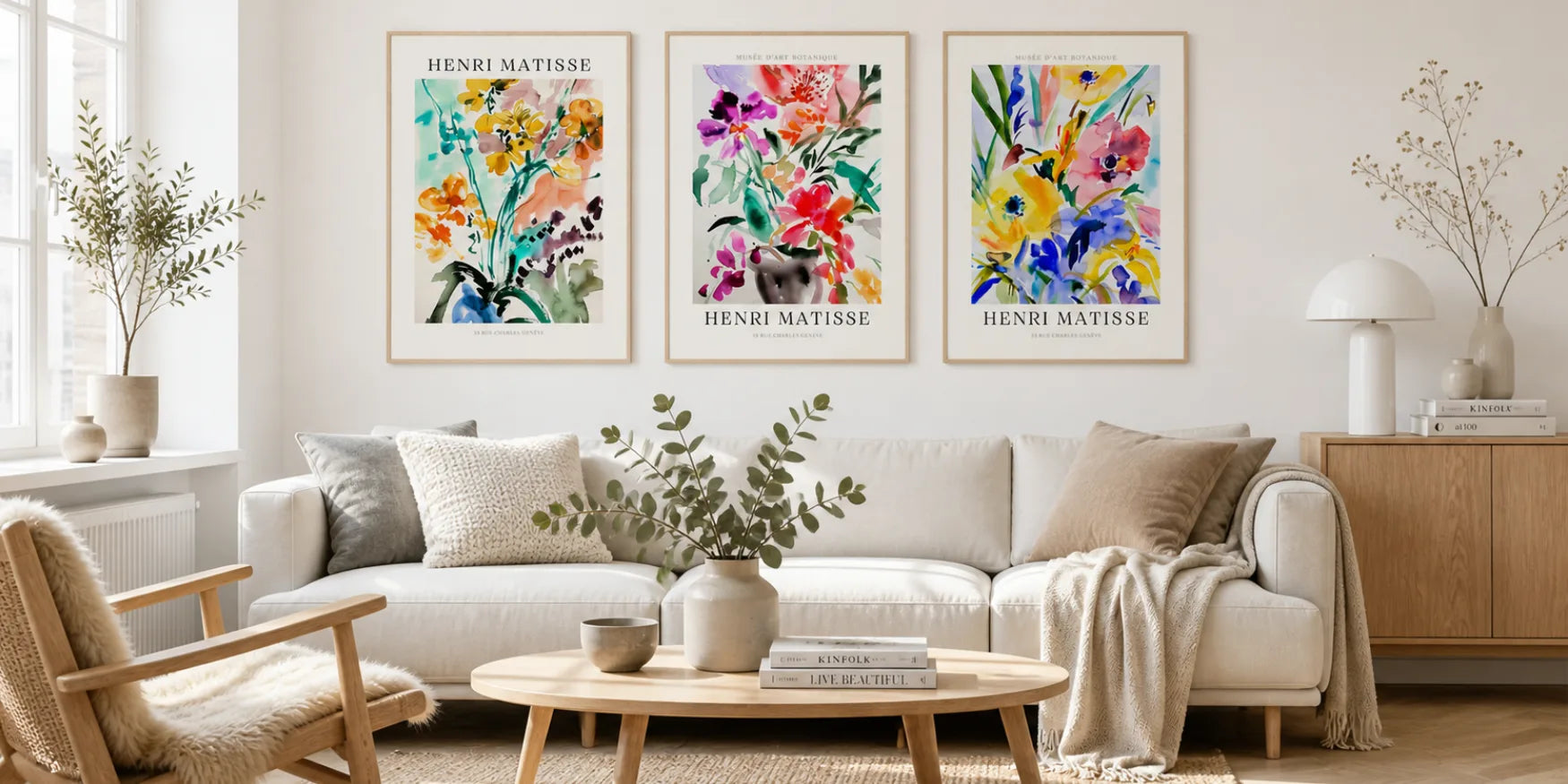 scandinavian living room with boho gallery wall set of 3 henri matisse posters above sofa with wooden furniture and natural decor