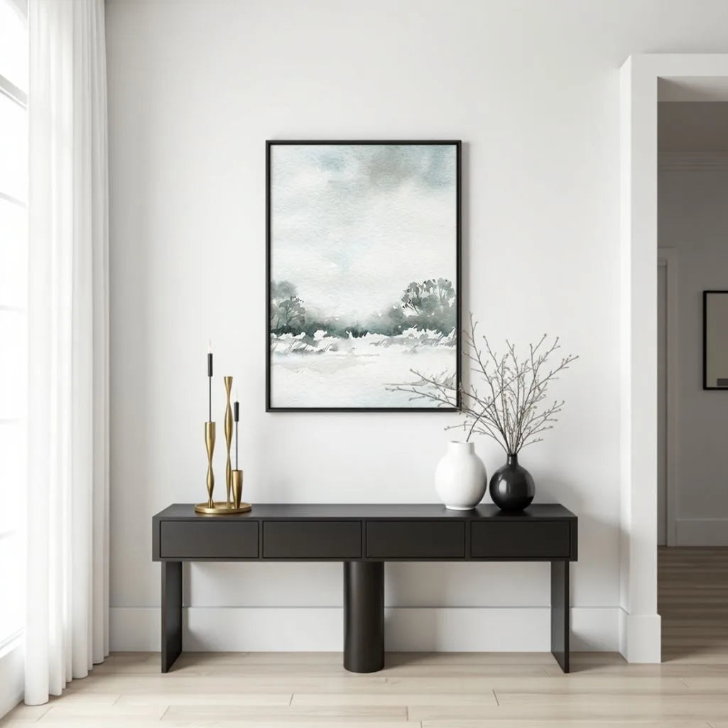 Winter snow landscape poster styled in bright minimalist bedroom