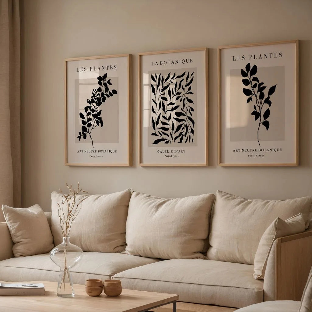 black beige soft botanical silhouette poster set wall art for bedroom decor