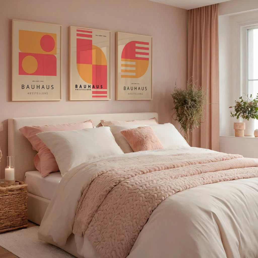 coral beige bauhaus poster set styled in modern living room