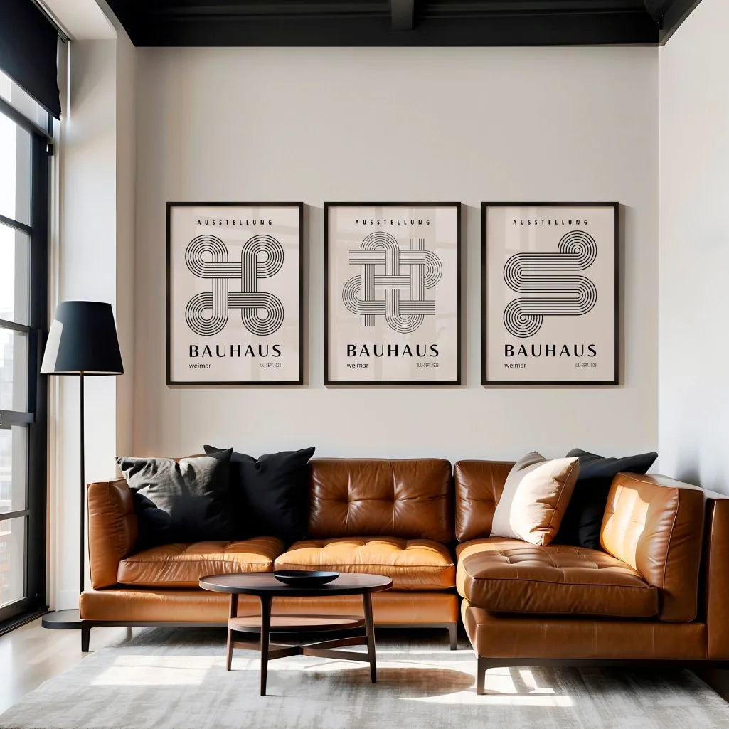neutral beige and black bauhaus poster set of 3 arranged in refined modern gallery wall