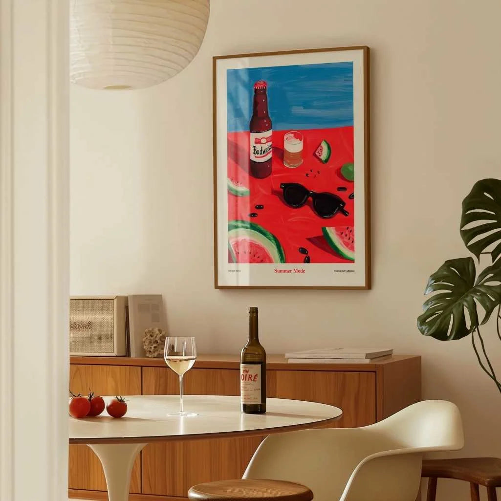 colorful summer poster in playful contemporary living room