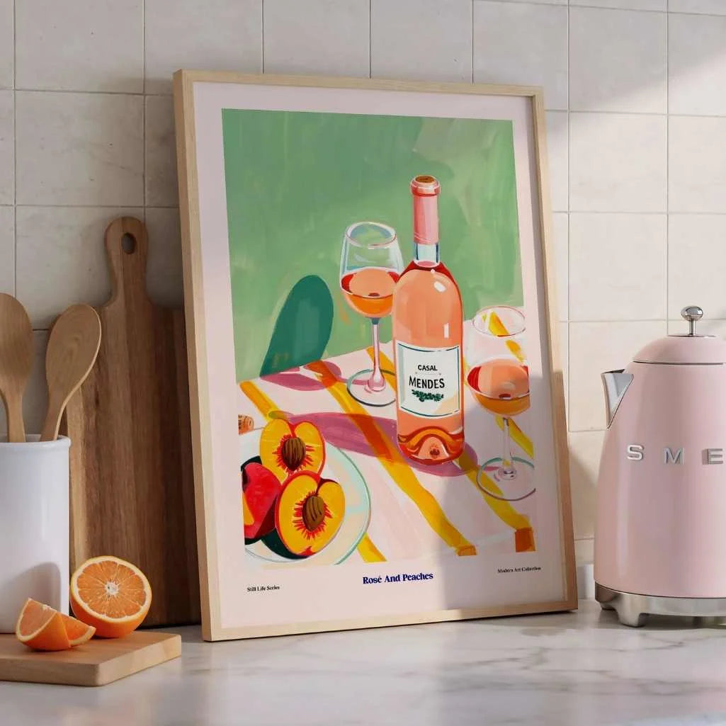 summer still life wall art with wine bottle and fruit in kitchen