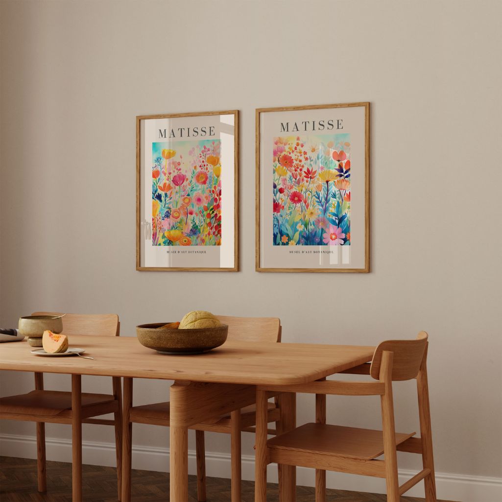 Set of 2 floral watercolor posters displayed as gallery wall in modern interior