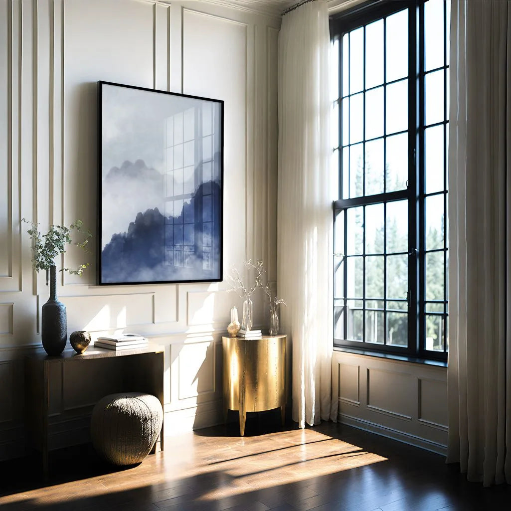 Watercolor landscape posters arranged as gallery wall in modern calm interior