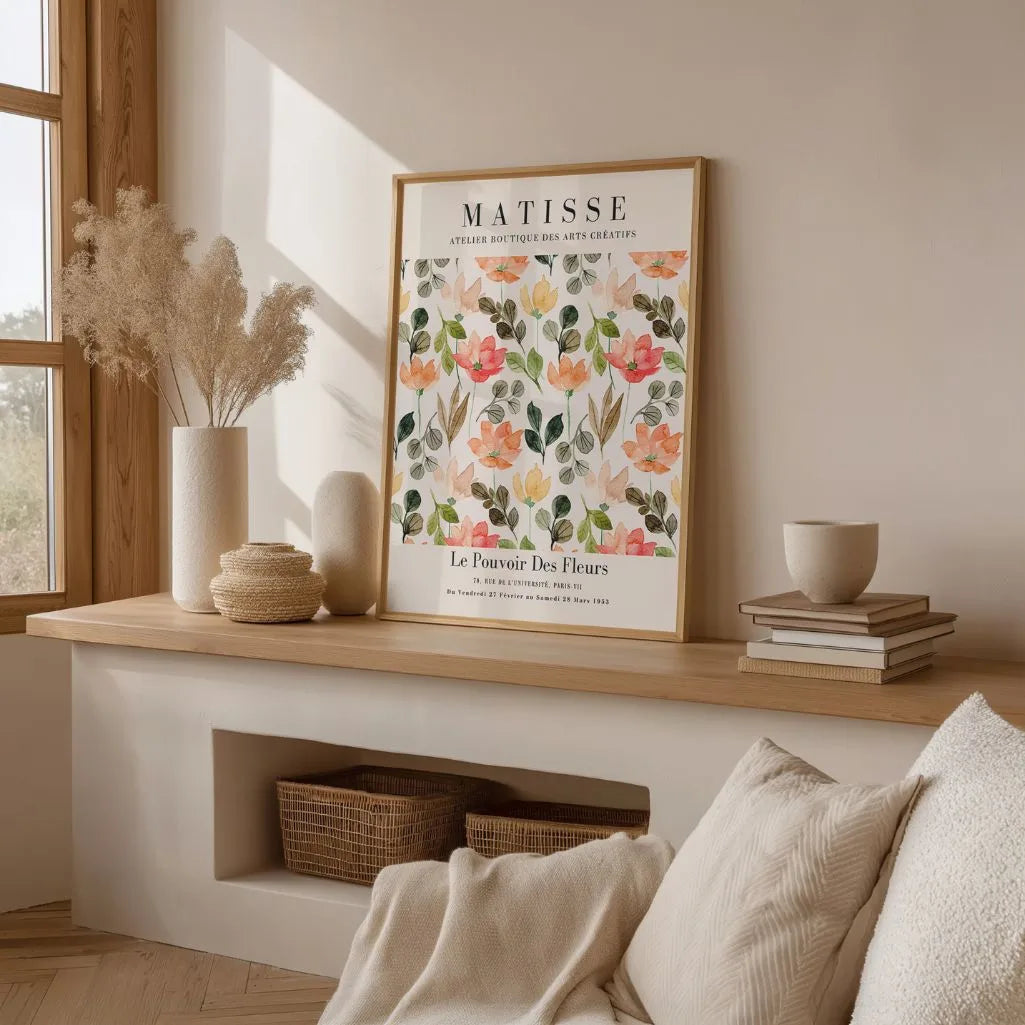 Watercolour flowers poster inspired by Matisse in modern living room wall decor