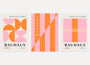 bauhaus poster set of 3 with pink and orange geometric bands semicircles and lines