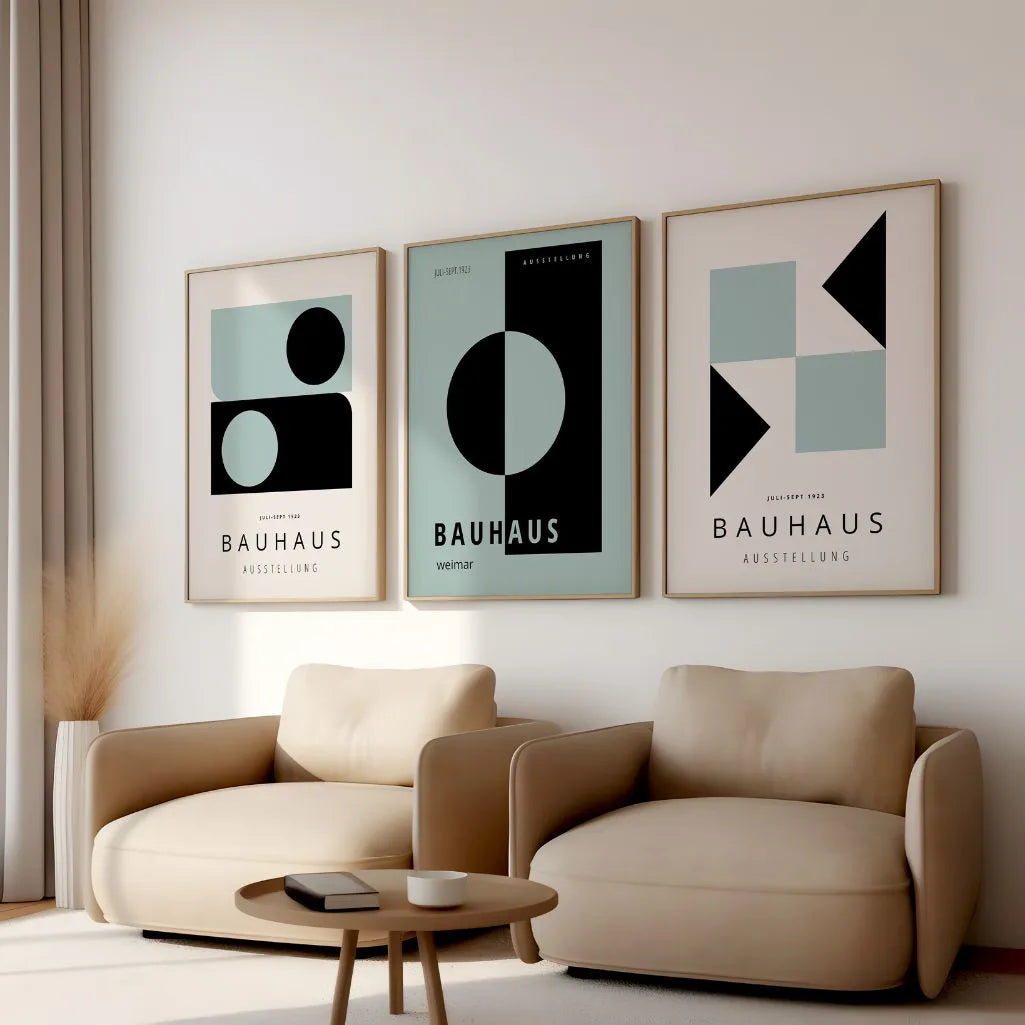 green grey and black geometric bauhaus poster set in contemporary office workspace