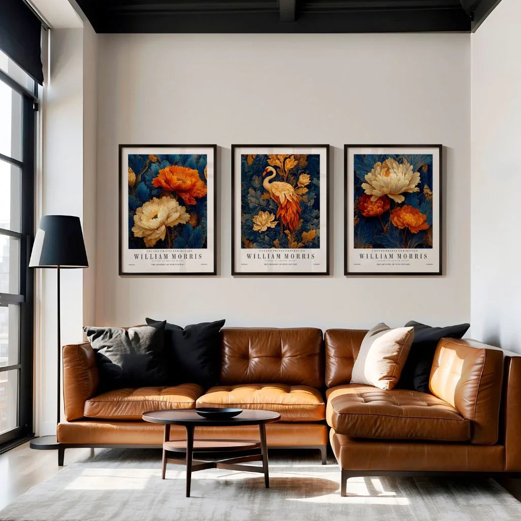 William Morris crane and floral wall art set with rich colors for elegant interior