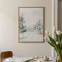 Close up of winter forest poster showing snowy trees and path